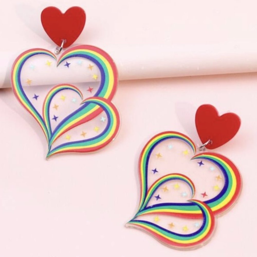 Rainbow Pattern Heart Drop Earrings